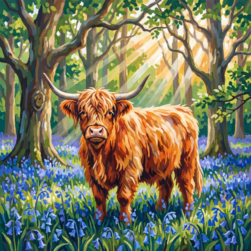 Vache Highland parmi les jacinthes des bois