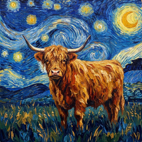 Starry Night Highland Cow In Swirling Sky