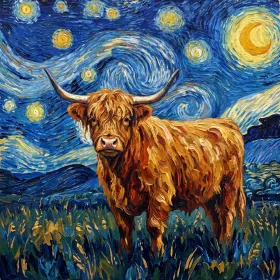 Vache des Highlands sous un ciel étoilé tourbillonnant