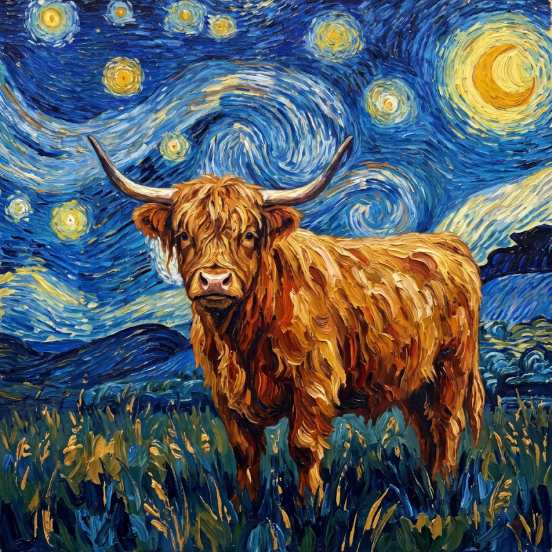 Starry Night Highland Cow In Swirling Sky