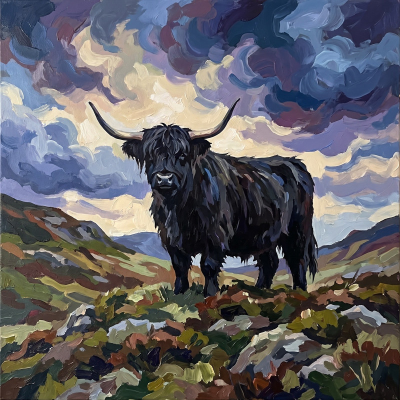 Black Highland Cow on Rocky Hillside