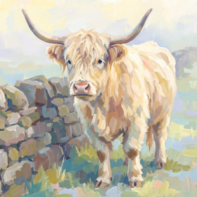 Mucca Highland Crema nella Nebbia Mattutina