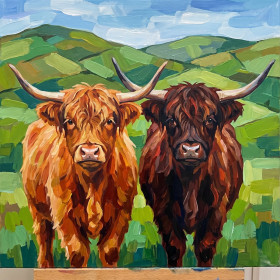 Twee Hooglanders Op Groene Heuvels