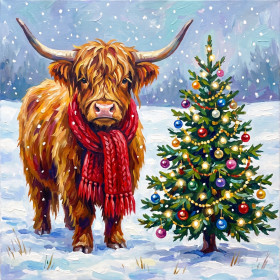 Schotse Hooglander Met Rode Sjaal Bij Kerstboom