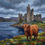 Highland Cow Before Loch Castle Ruins