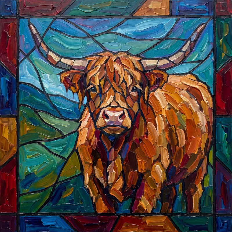 Vitrail Vache Highland aux Couleurs de Pierres Précieuses