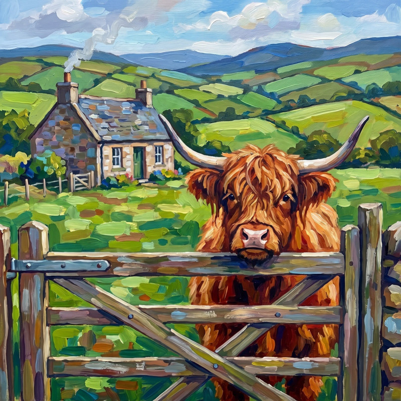 Highland Cow Over Wooden Farm Gate