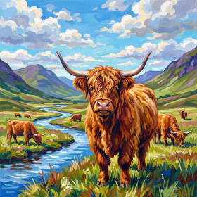 Highland Cows Grazing in a Mountain Valley