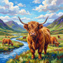 Highland Cows Grazing in a Mountain Valley