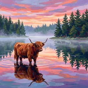 Hochlandrind im nebligen See bei Sonnenaufgang