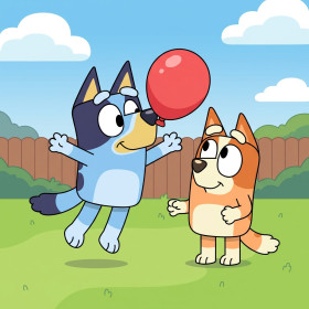 Bluey und Bingo spielen Ballonspiel im Garten