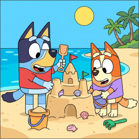 Bluey and Bingo Building a Sandcastle