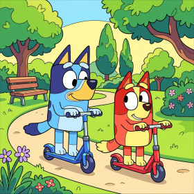 Bluey et Bingo en trottinette au parc