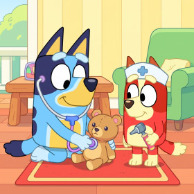 Bluey and Bingo Playing Doctor with Stethoscopes
