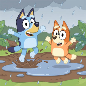 Bluey en Bingo springen in modderplassen