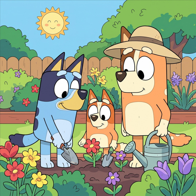 Bluey Bingo and Chilli Planting Flowers in the Garden