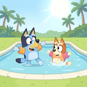 Bluey et Bingo à la piscine avec brassards