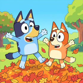 Bluey e Bingo tra le foglie autunnali