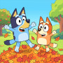 Bluey and Bingo Jumping in Autumn Leaves