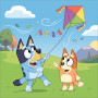 Bluey and Bingo Flying a Kite on a Windy Hill