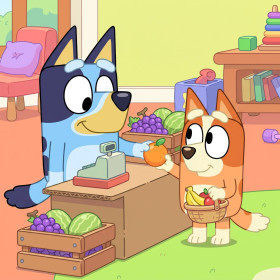 Bluey and Bingo Playing Shops with Toy Fruit