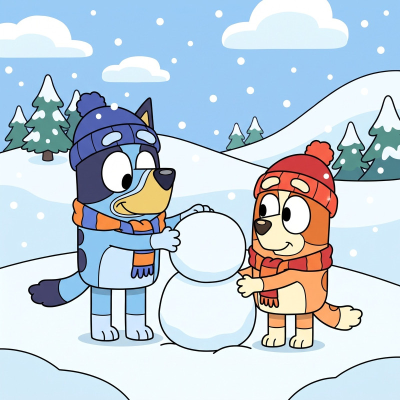 Bluey und Bingo bauen einen Schneemann