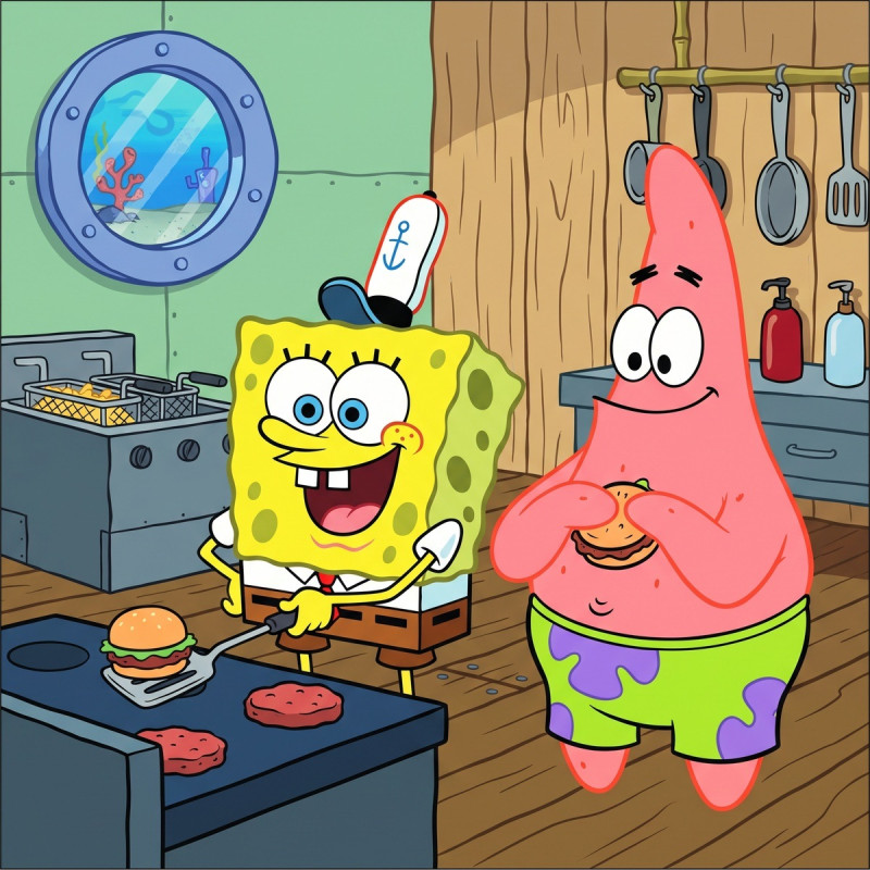 SpongeBob und Patrick braten Burger in der Küche
