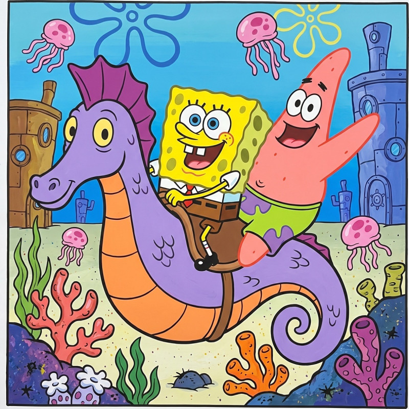 SpongeBob en Patrick op een reuzenzeepaardje