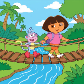 Dora und Boots auf der Hängebrücke im Dschungel