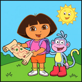 Dora e Boots sulla collina soleggiata con Mappa
