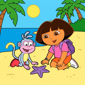 Dora en Boots ontdekken een zeester op het strand