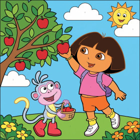Dora und Boots pflücken Früchte am Baum