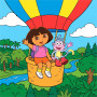 Dora und Boots im Heißluftballon über dem Wald