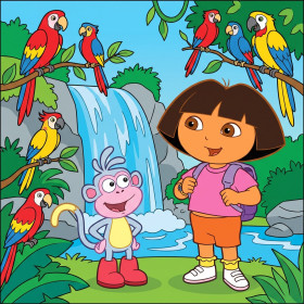 Dora und Boots am Wasserfall mit Papageien