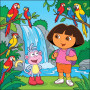 Dora et Babouche devant la cascade aux perroquets