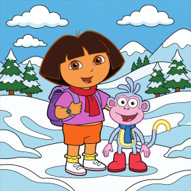 Dora und Boots im verschneiten Gebirge