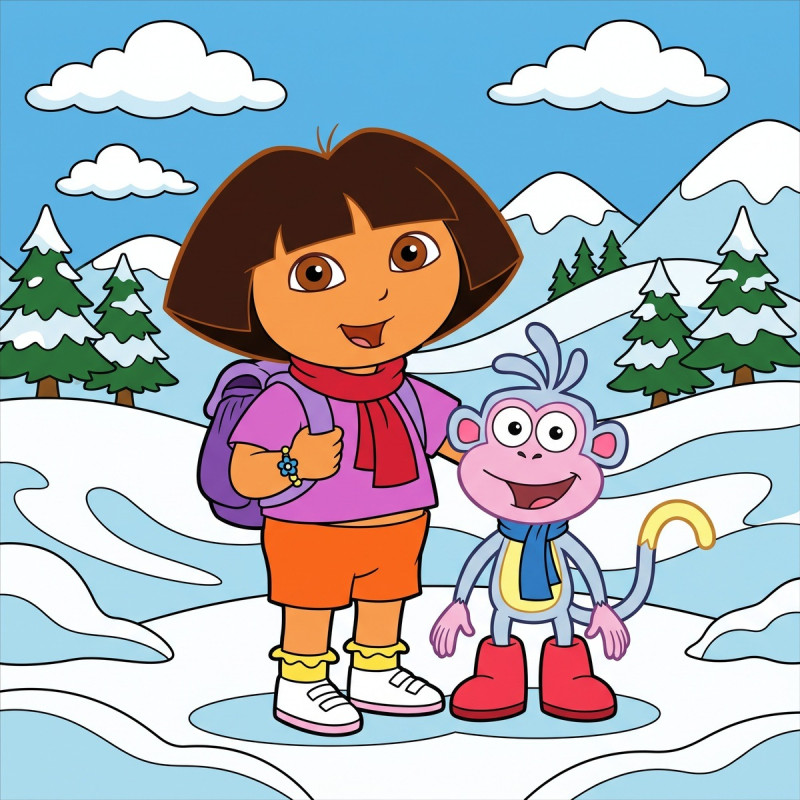 Dora und Boots im verschneiten Gebirge