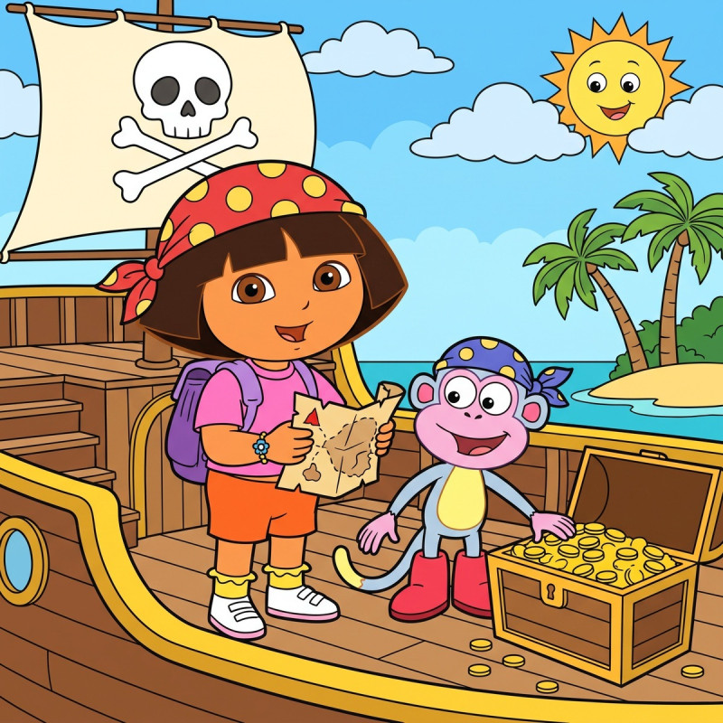 Dora und Boots auf dem Piratenschiff