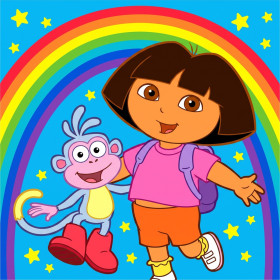 Dora e Boots sotto l'arcobaleno con stelle