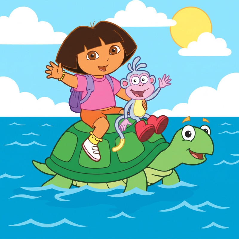 Dora en Boots op een groene zeeschildpad
