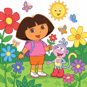 Dora en Boots in een bloementuin met vlinders
