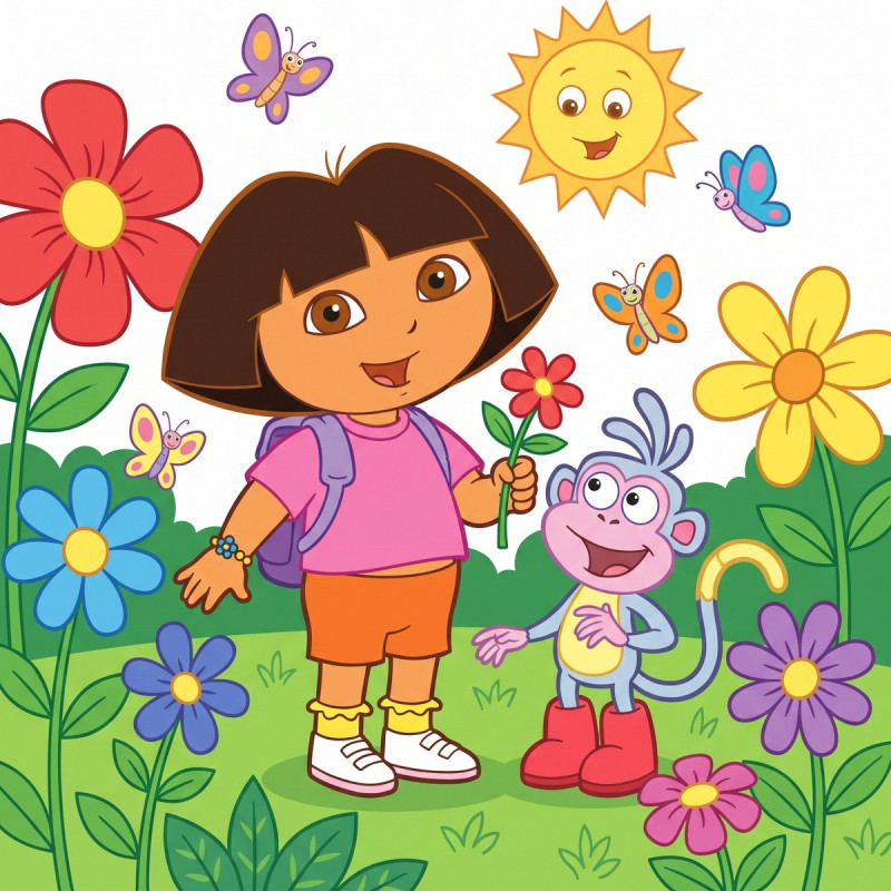 Dora et Babouche dans le jardin fleuri