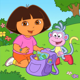 Dora and Boots Opening Backpack on the Grass