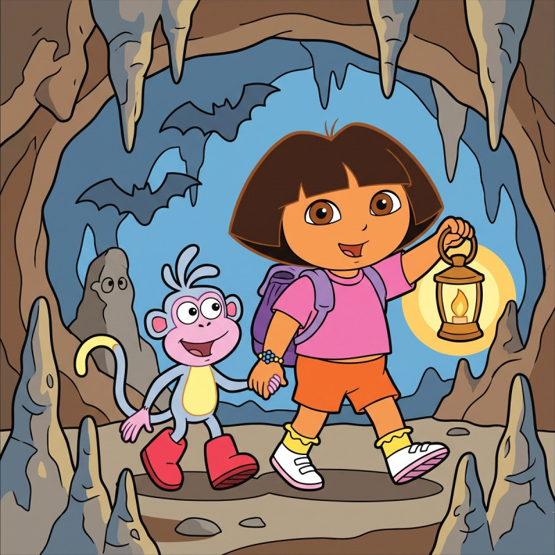 Dora et Babouche explorant une grotte à la lanterne