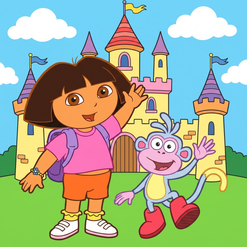 Dora und Boots winken vor dem Schloss