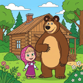 Masha e Orso davanti alla casa di legno