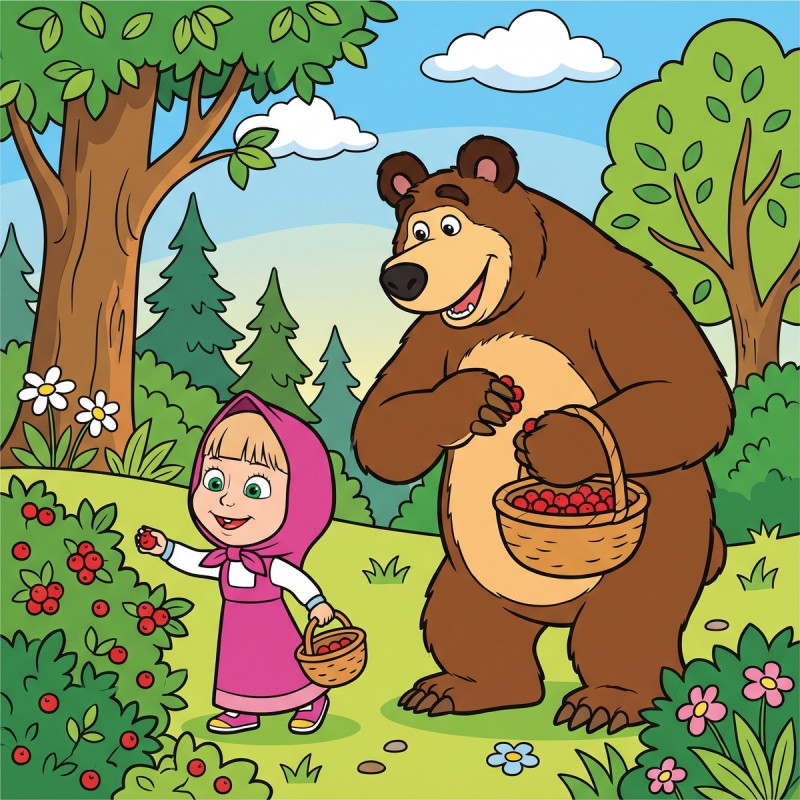 Masha and the Bear Picking Berries in the Woods
