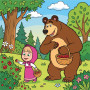 Masha and the Bear Picking Berries in the Woods