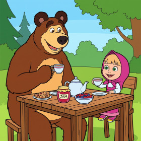 Goûter à la confiture avec Masha et Michka