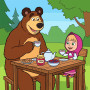 Goûter à la confiture avec Masha et Michka